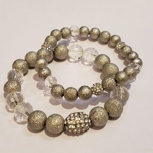 2 Silver & Rhinestone Pave Bead Stretchy Bracelets